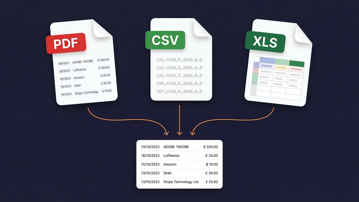 Upload bank statements in PDF, CSV, or Excel format