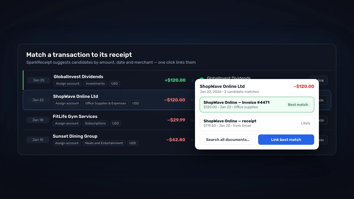 Matching a bank transaction to its receipt in SparkReceipt, with the best candidate suggested