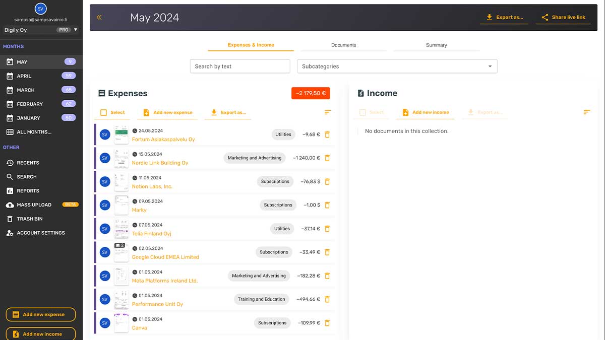 The receipts and expenses will sync automatically to our web application